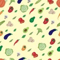 Image of various vegetables and greens on a beige background, bright multi-colored vegetables